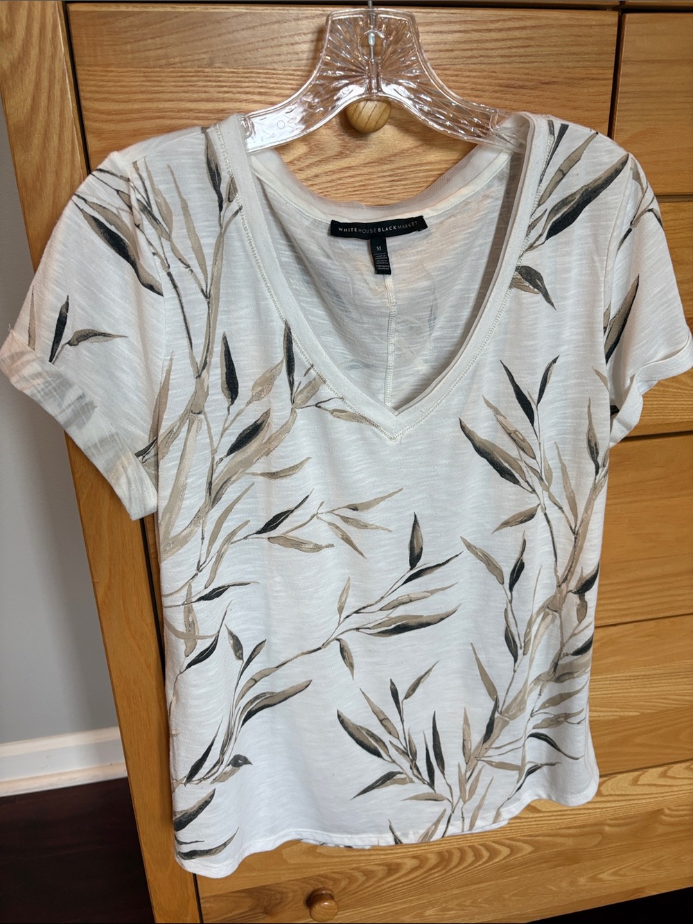 White House Black Market White V-Neck Tee with Taupe & Black Leaf Print